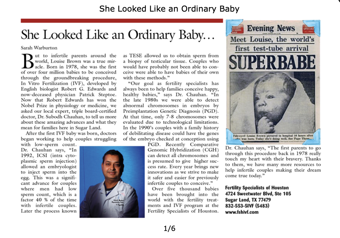 Newspaper feature article titled She Looked Like an Ordinary Baby with Dr. Chauhan and a baby photo