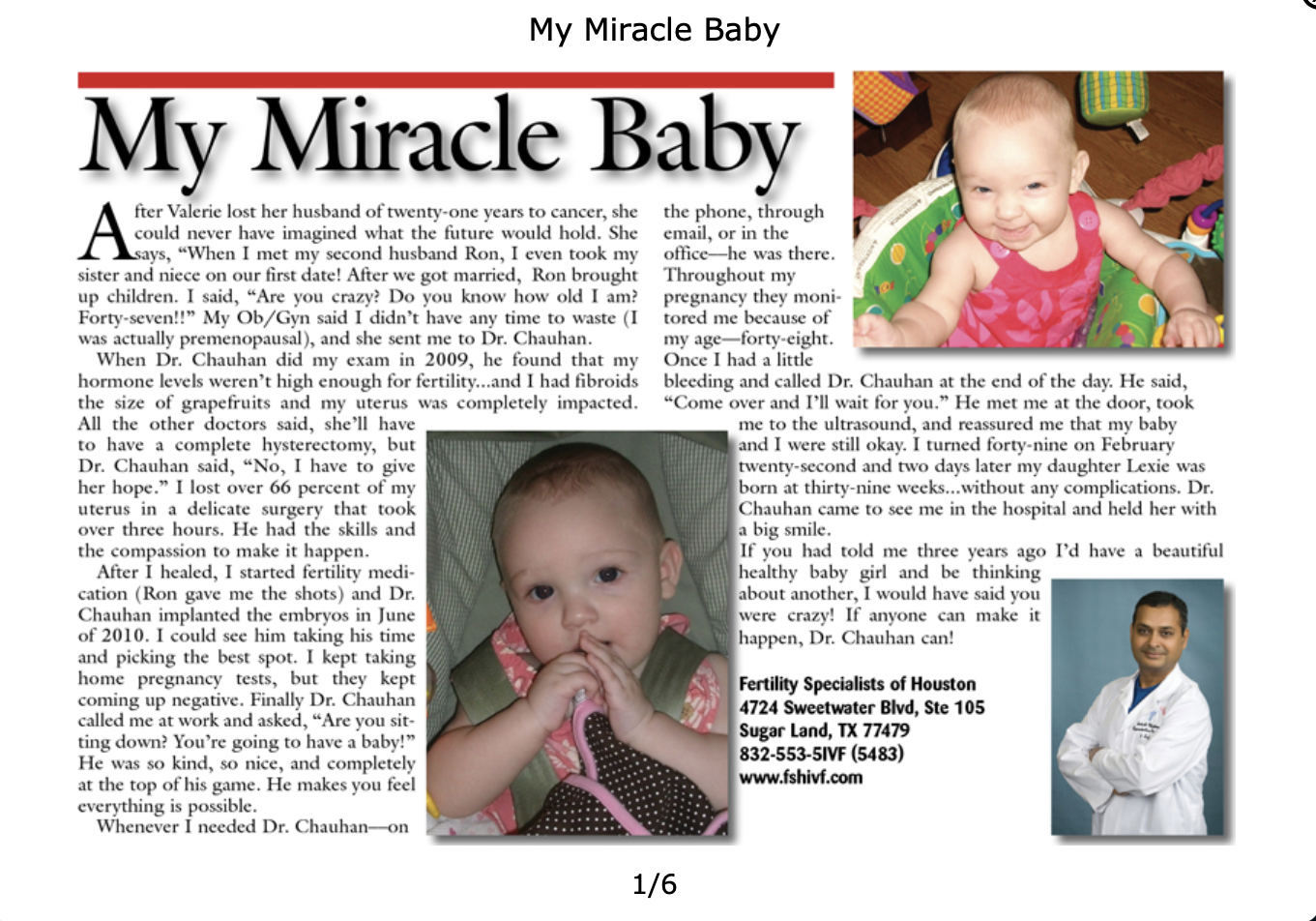 Publication feature titled My Miracle Baby with a baby photo and Dr. Chauhan