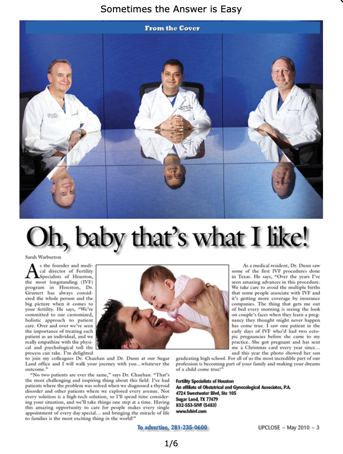 Publication spread titled Oh, baby that's what I like! with fertility specialists and a baby