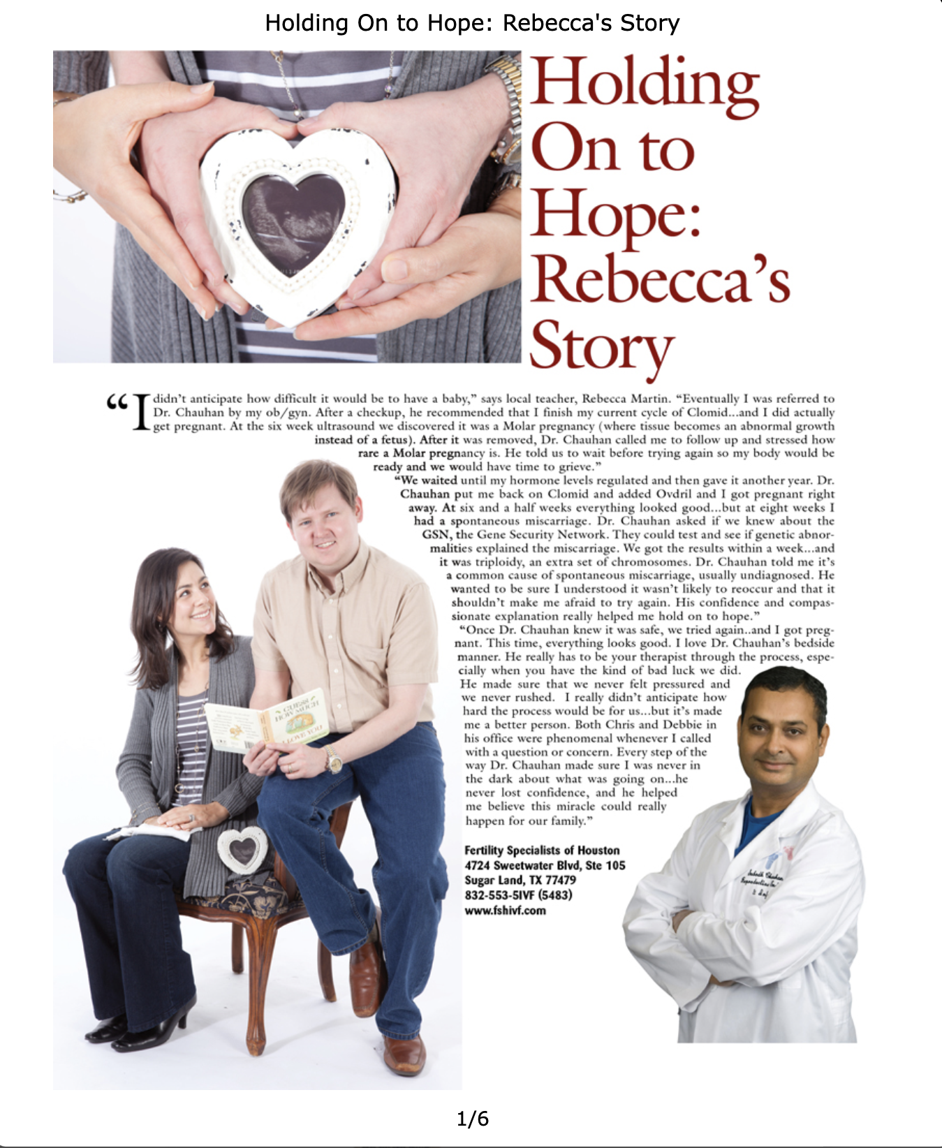 Publication feature titled Holding On to Hope: Rebecca's Story with a couple and Dr. Chauhan