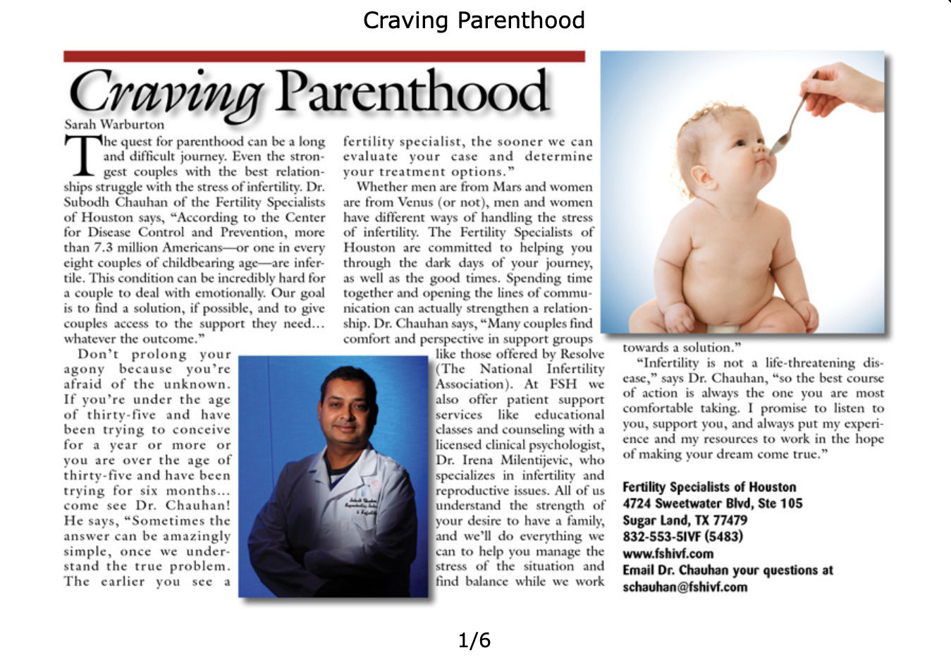 Newspaper feature article titled Craving Parenthood with Dr. Chauhan and a baby photo
