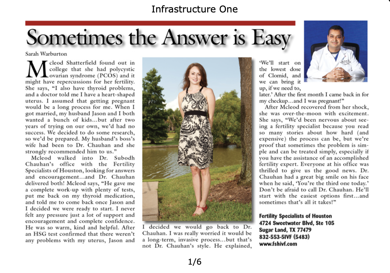 Newspaper feature article titled Sometimes the Answer is Easy with a patient story and Dr. Chauhan